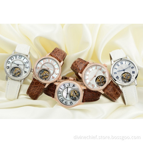 Fashion High End CNC Inlaid Stones Tourbillon Movement Wrist Watch For Girls